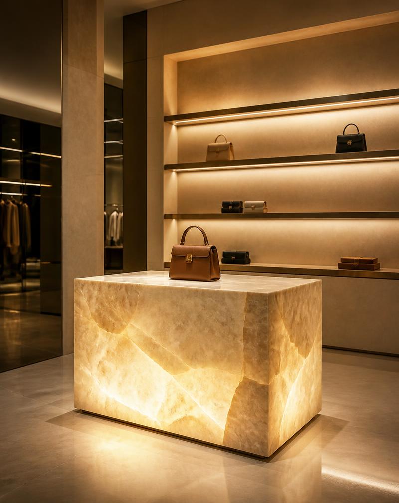 Boutique Alma — Podium central retroiluminado e balcão de caixa · 46 m² em Onyx Miele retroiluminado · 20 mm