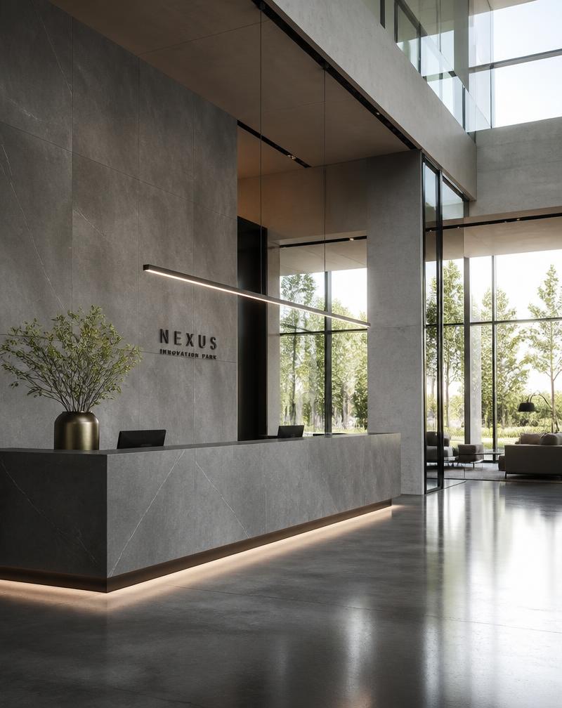 Nexus Innovation Park — Fachada interior, receção e núcleos de elevadores · 1 260 m² em Dekton Kreta · 12 mm