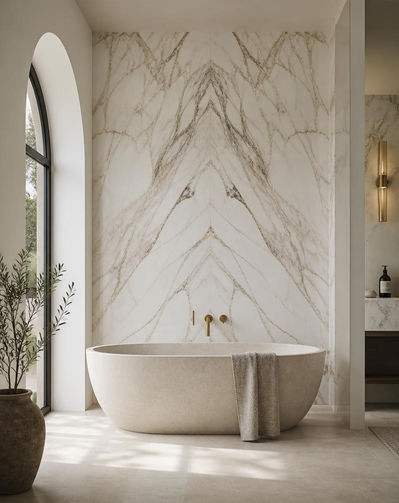 Casa das Dunas — Suite principal, banheira maciça e revestimento book-match · 112 m² em Estremoz Branco · 20 mm