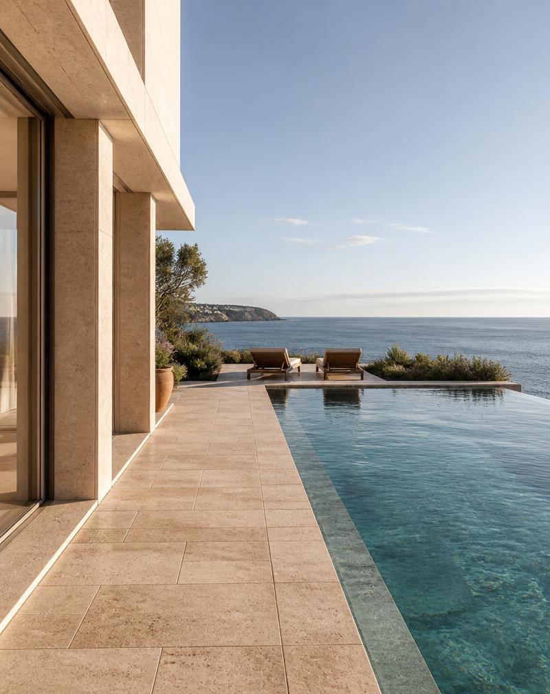 Quinta do Farol — Pavimento exterior, borda de piscina e escadaria · 380 m² em Travertino Navona · 30 mm